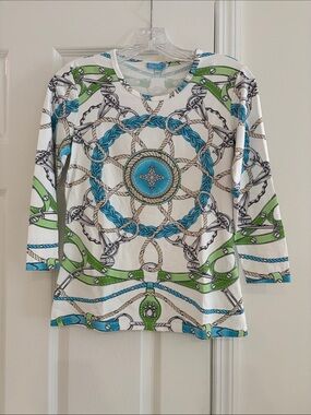 Women’s Long Sleeve Chain & Rope Print Top in White, Turquoise & Green J Mc